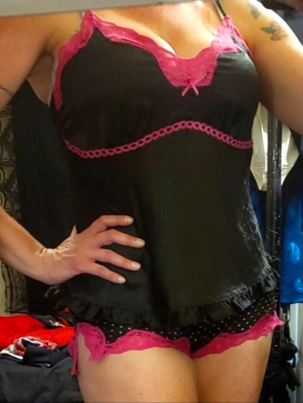 Vtg Y2K Candies intimates blk pink polka dots ruffles sexy lingerie set L/XL